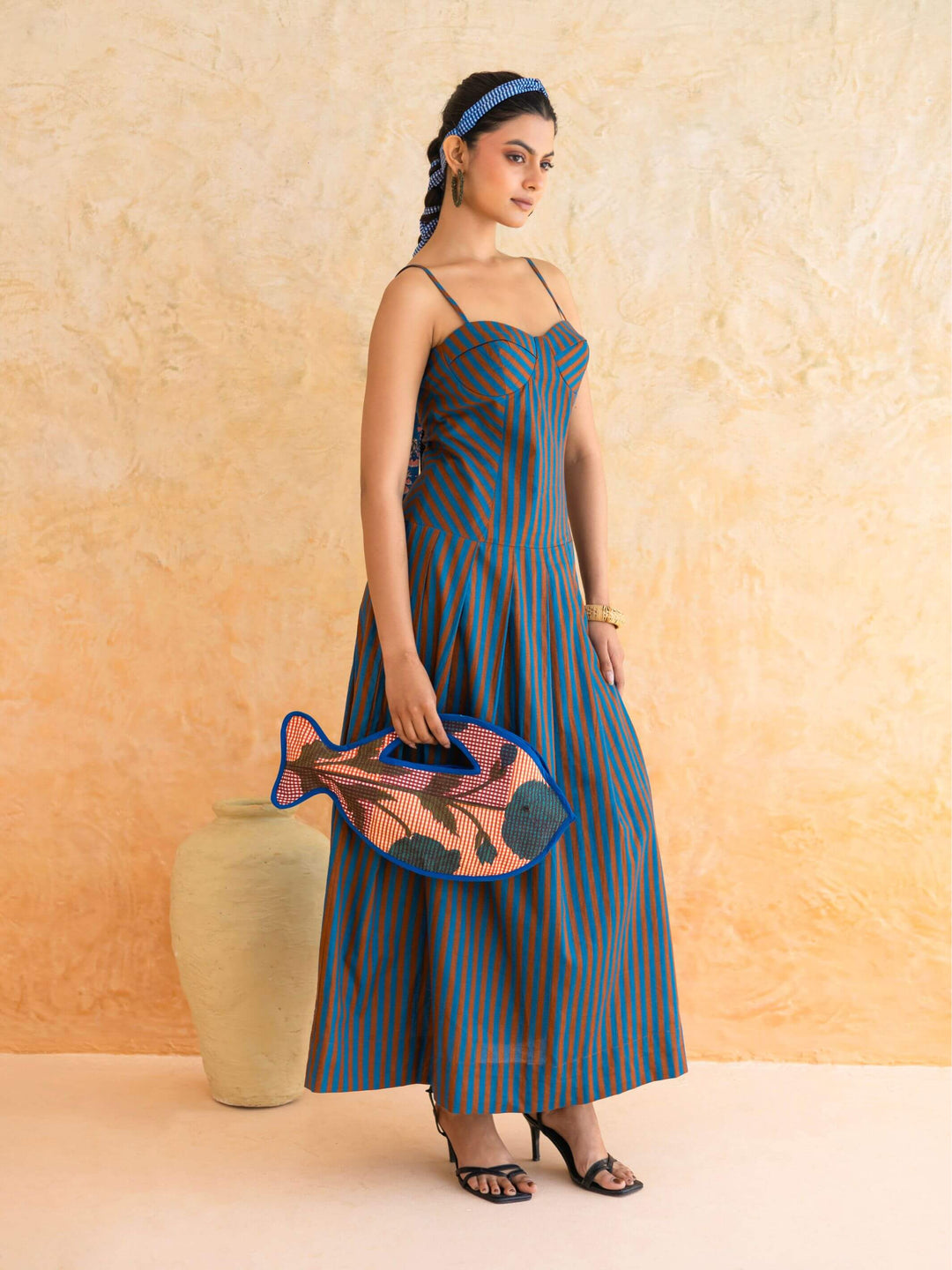 Linea : Cotton Maxi Dress for Women in Teal & Brown| Striped Summer Dress