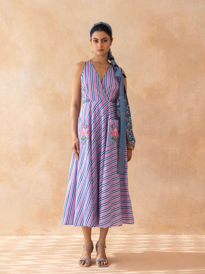 Lileth : Cotton Midi Dress for Women in Lilac & Blue | Striped Dress with Pockets
