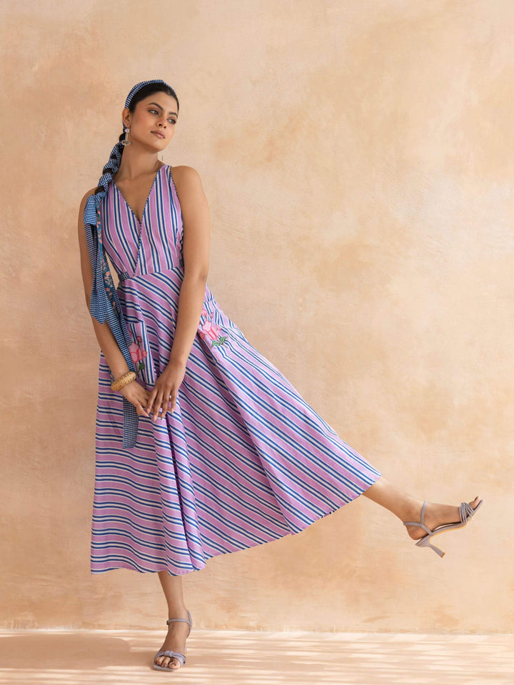 Lileth : Cotton Midi Dress for Women in Lilac & Blue | Striped Dress with Pockets