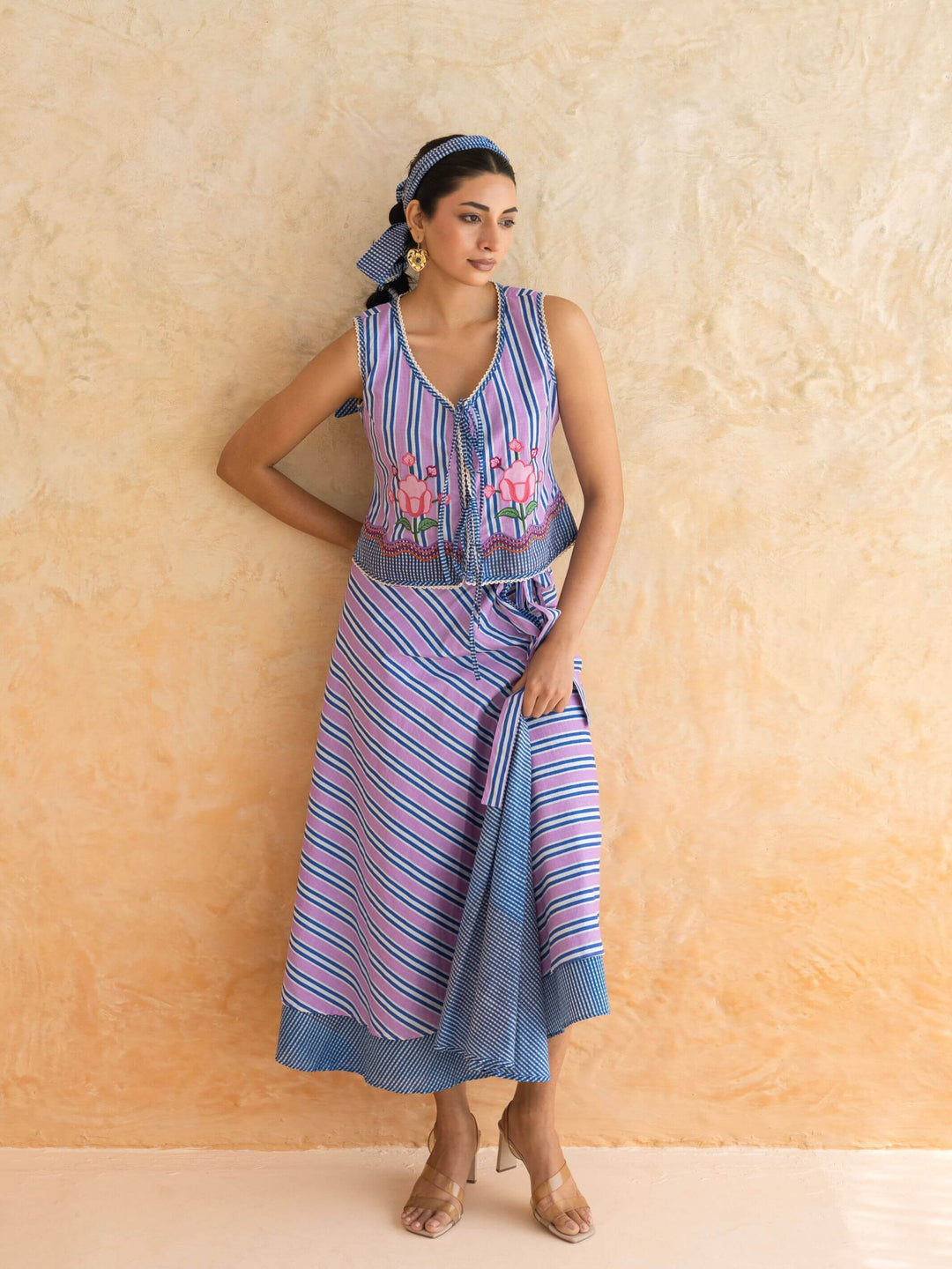 Viola Set : Cotton Skirt Set for Women in Lilac & Blue| Striped 2-Piece Summer Outfit