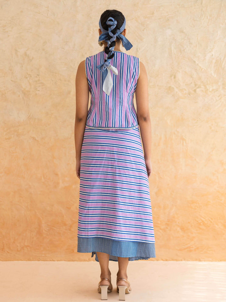 Viola Set : Cotton Skirt Set for Women in Lilac & Blue| Striped 2-Piece Summer Outfit