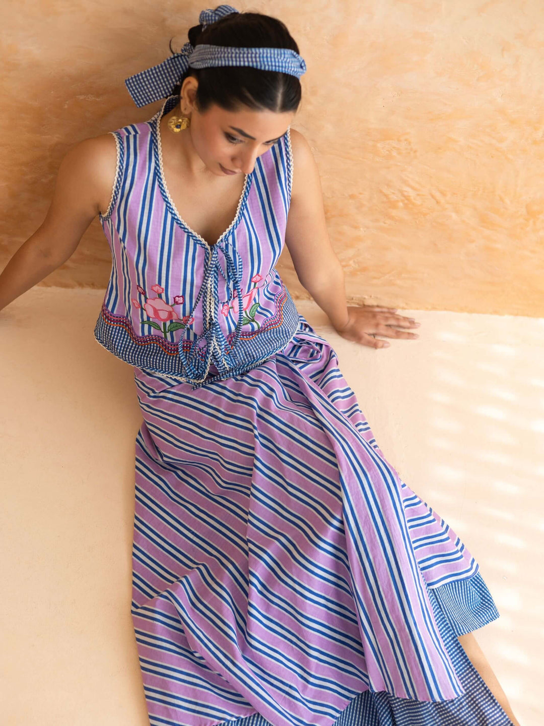 Viola Set : Cotton Skirt Set for Women in Lilac & Blue| Striped 2-Piece Summer Outfit