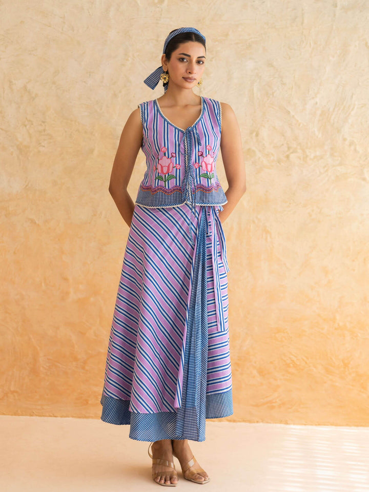Viola Set : Cotton Skirt Set for Women in Lilac & Blue| Striped 2-Piece Summer Outfit