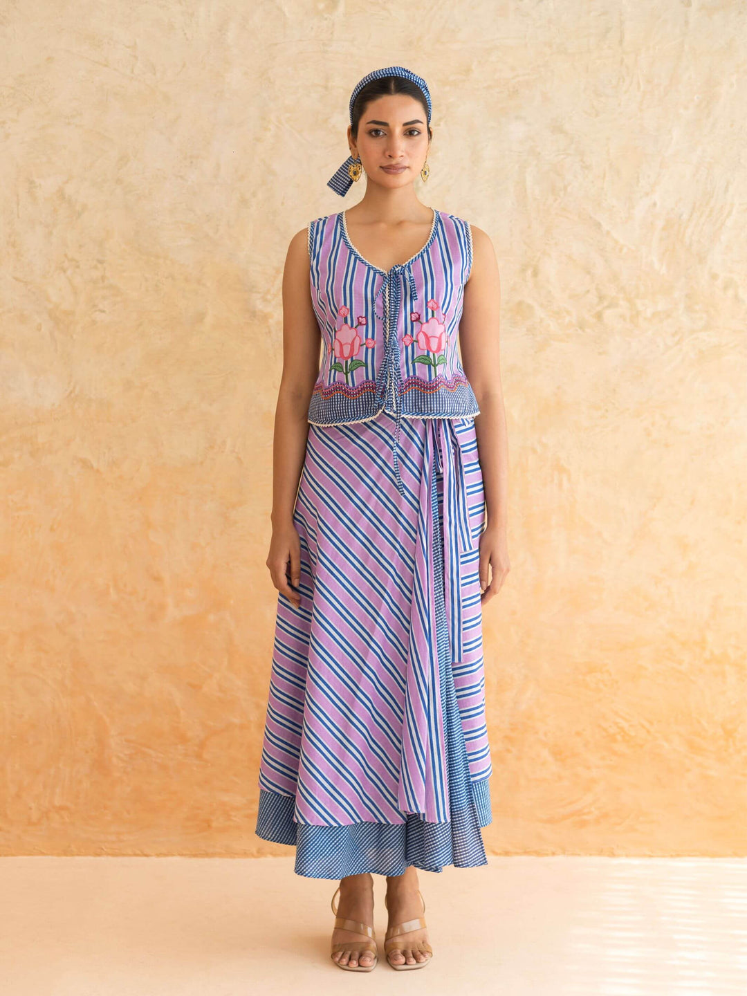 Viola Set : Cotton Skirt Set for Women in Lilac & Blue| Striped 2-Piece Summer Outfit