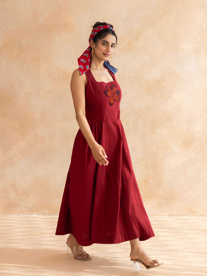 Ruby : Cotton Midi Dress for Women in Maroon | Sleeveless Embroidered Summer Dress