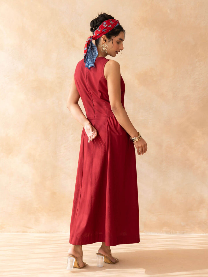Ruby : Cotton Midi Dress for Women in Maroon | Sleeveless Embroidered Summer Dress