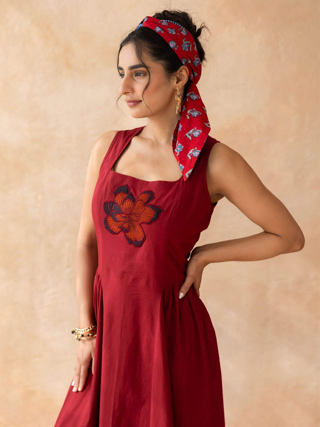 Ruby : Cotton Midi Dress for Women in Maroon | Sleeveless Embroidered Summer Dress