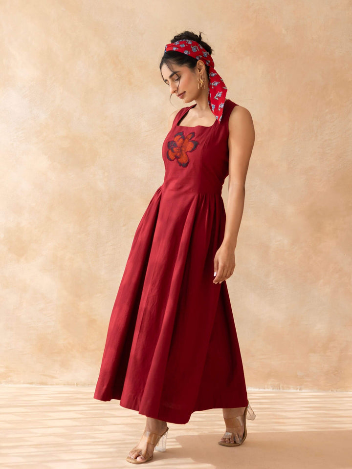 Ruby : Cotton Midi Dress for Women in Maroon | Sleeveless Embroidered Summer Dress