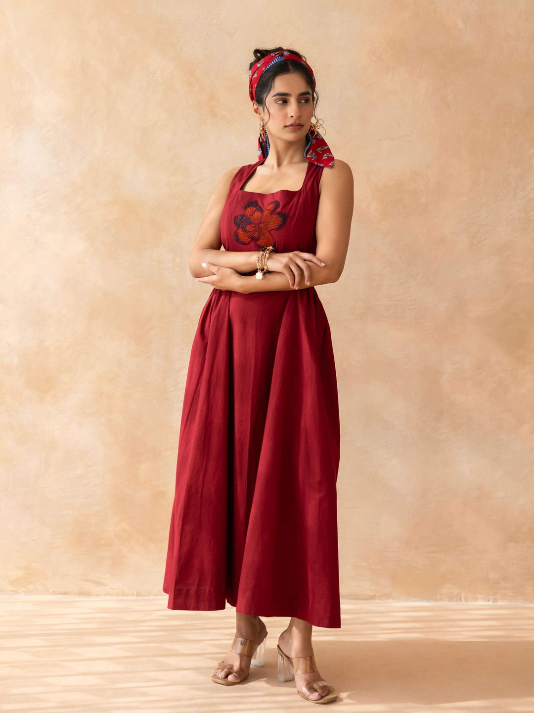 Ruby : Cotton Midi Dress for Women in Maroon | Sleeveless Embroidered Summer Dress