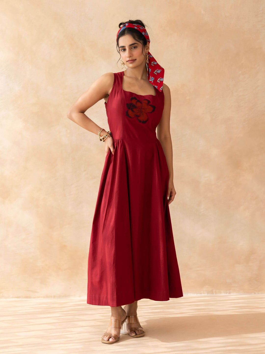 Ruby : Cotton Midi Dress for Women in Maroon | Sleeveless Embroidered MoonTara Ruby : Cotton Midi Dress for Women in Maroon | Sleeveless Embroidered MoonTara