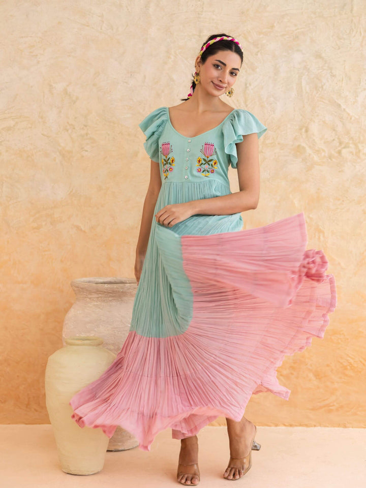 Rosie : Cotton Voile Maxi Dress for Women in Mint Green | Embroidered Tiered Summer Dress
