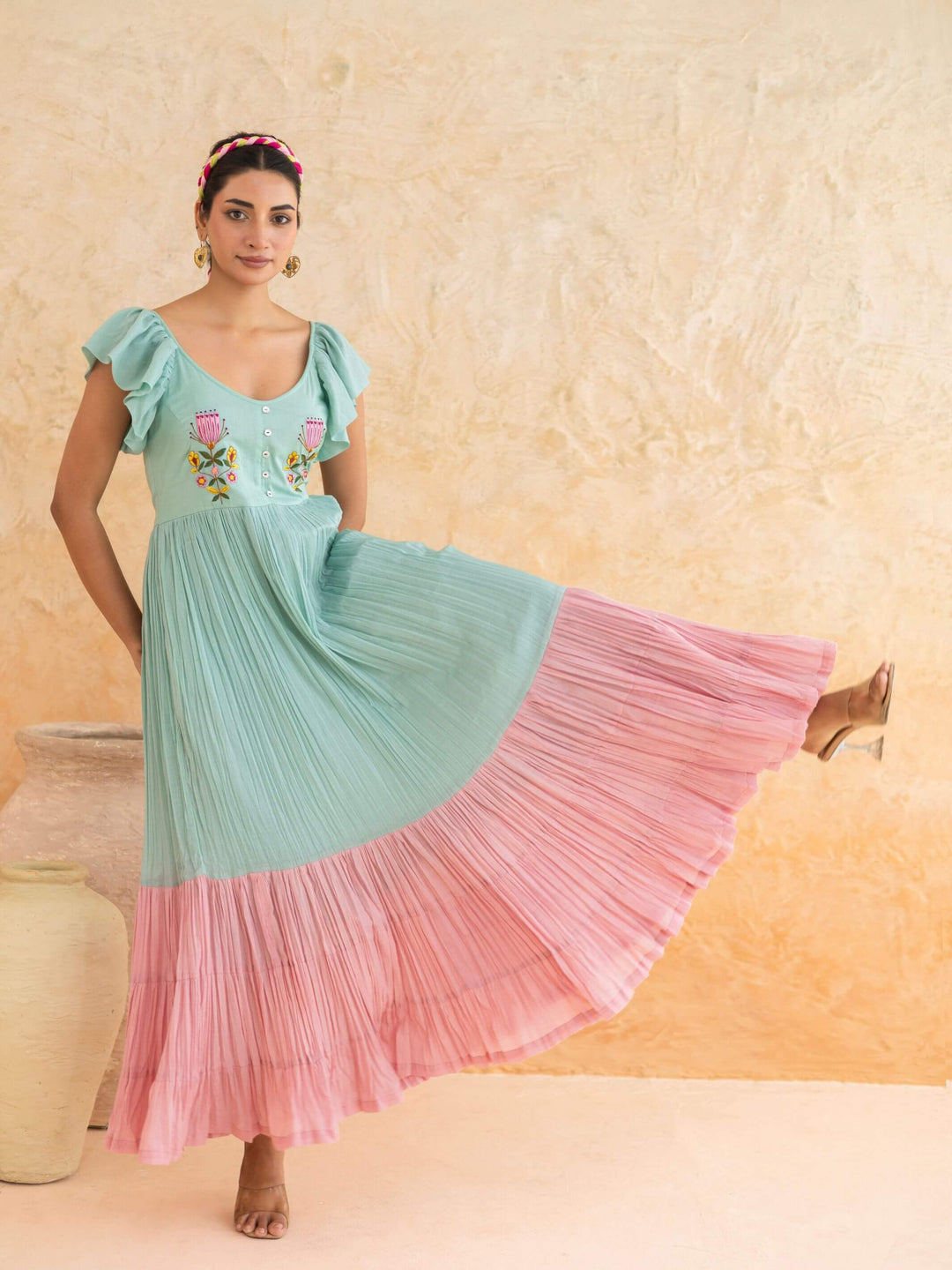 Rosie : Cotton Voile Maxi Dress for Women in Mint Green | Embroidered Tiered Summer Dress