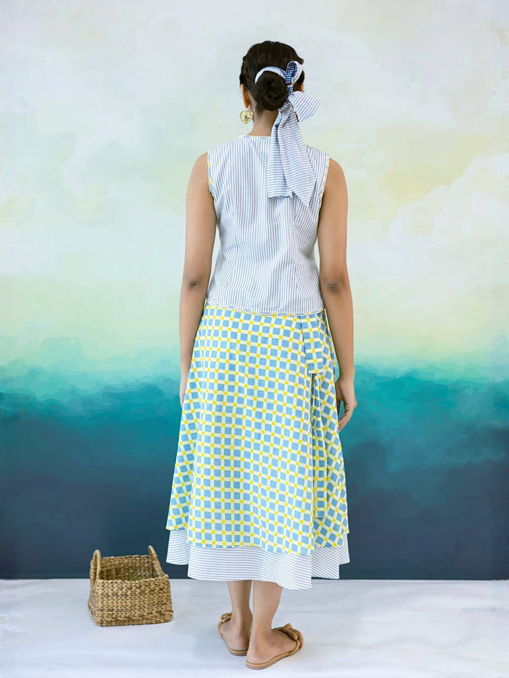 Ash Set : Blue Yellow Checked Cotton Skirt Set for Women with Embroidered Tie-Up Top - 2Pc Set