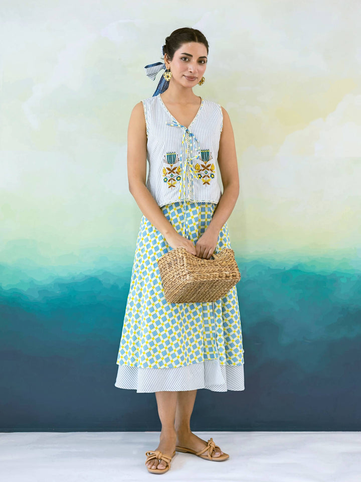 Ash Set : Blue Yellow Checked Cotton Skirt Set for Women with Embroidered Tie-Up Top - 2Pc Set
