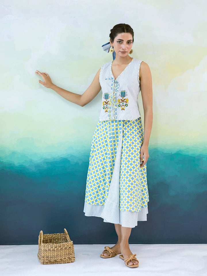 Ash Set : Blue Yellow Checked Cotton Skirt Set for Women with Embroidered Tie-Up Top - 2Pc Set