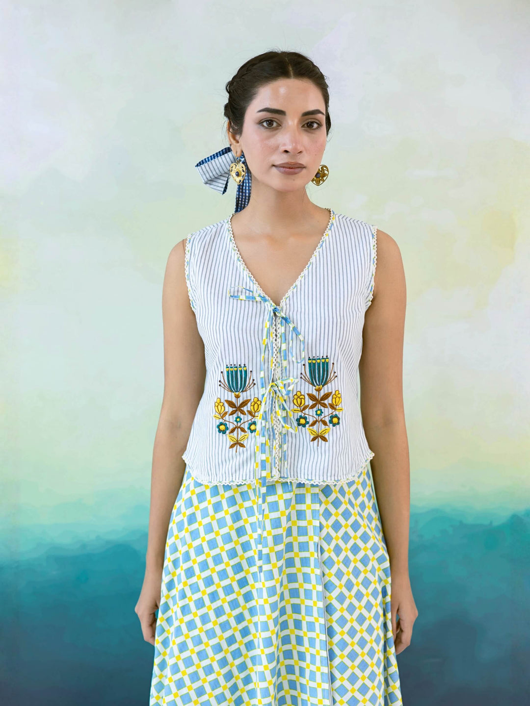 Ash Set : Blue Yellow Checked Cotton Skirt Set for Women with Embroidered Tie-Up Top - 2Pc Set