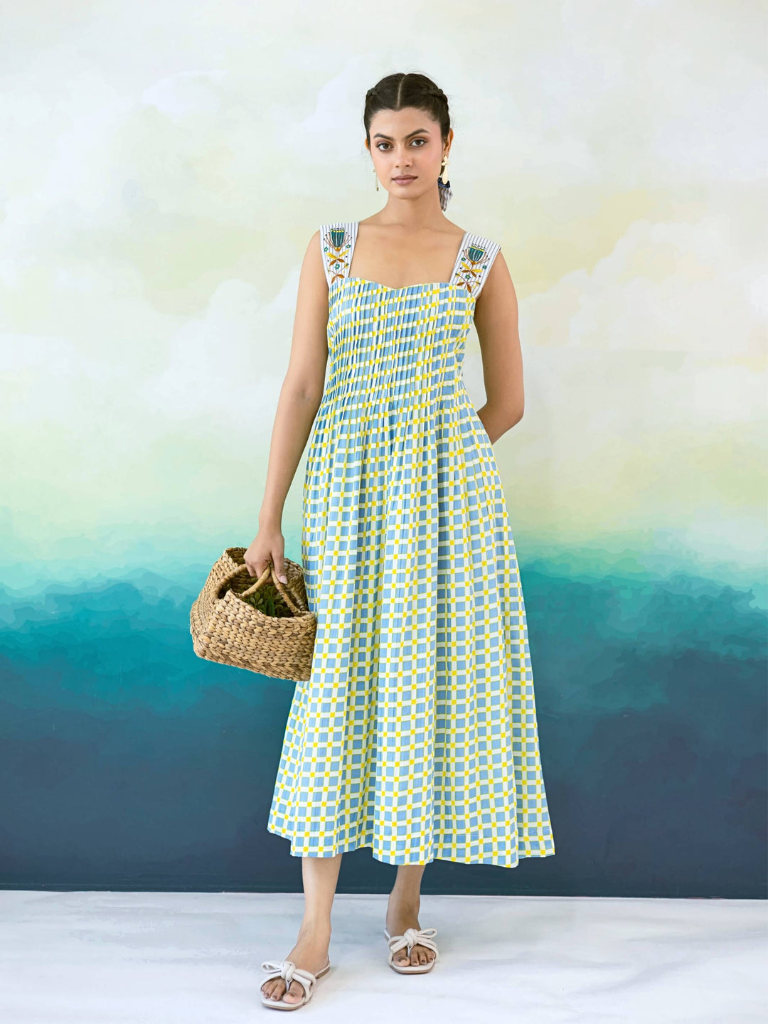 Bluebell : Cotton Midi Dress for Women in Blue & Yellow | Pintuck Bodice and Embroidered Strap Summer Dress