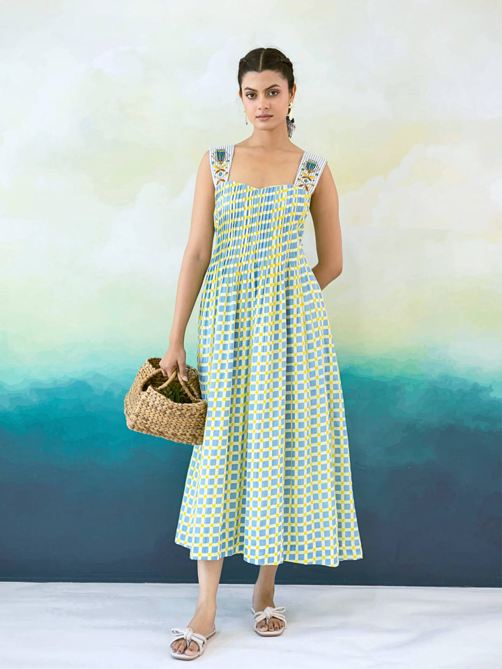 Bluebell : Cotton Midi Dress for Women in Blue & Yellow | Pintuck Bodice and Embroidered Strap Summer Dress