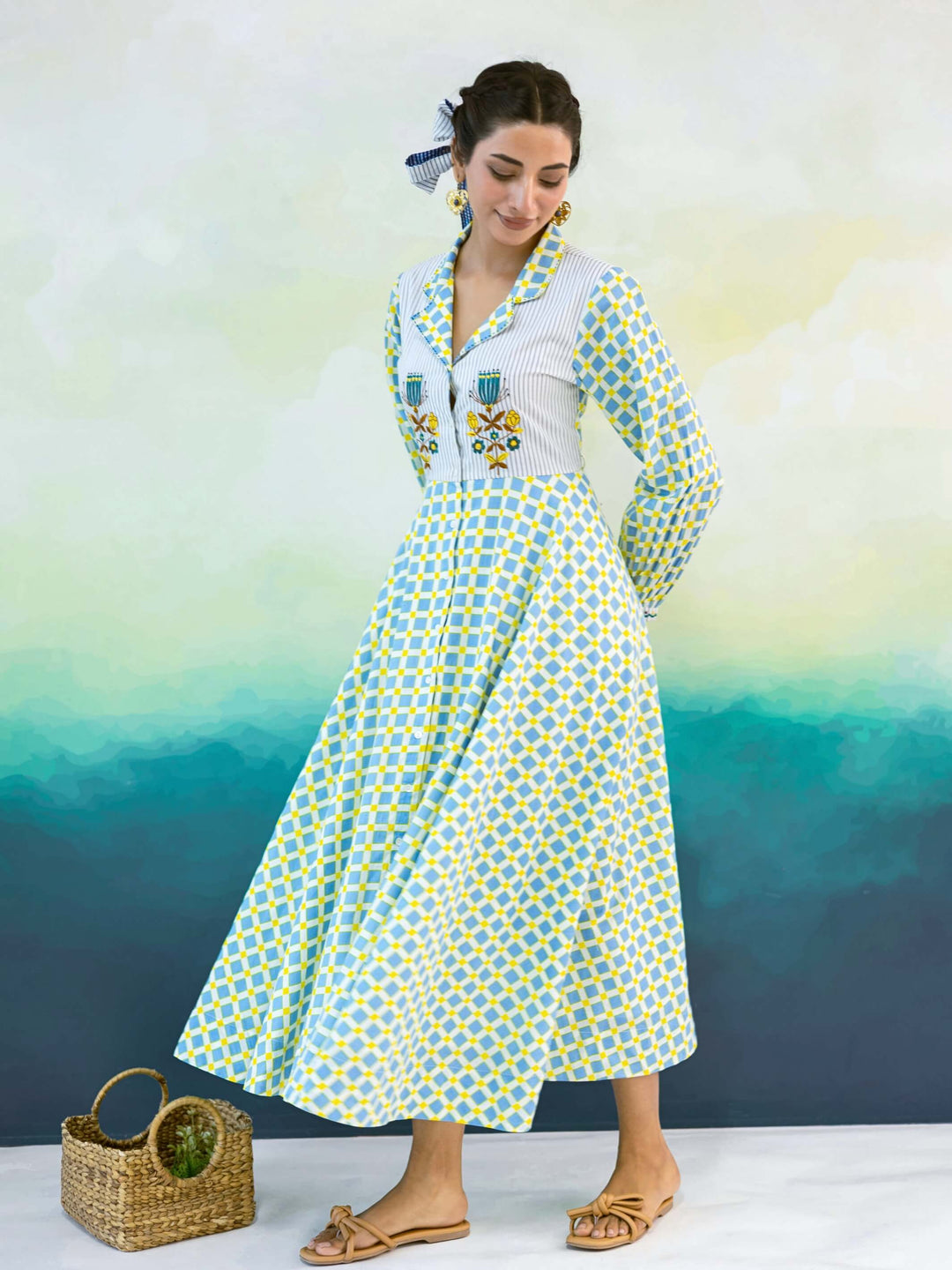 Marigold : Cotton Midi Dress for Women in Powder Blue & Yellow | Checked Shirt Dress with Embroidered Yoke