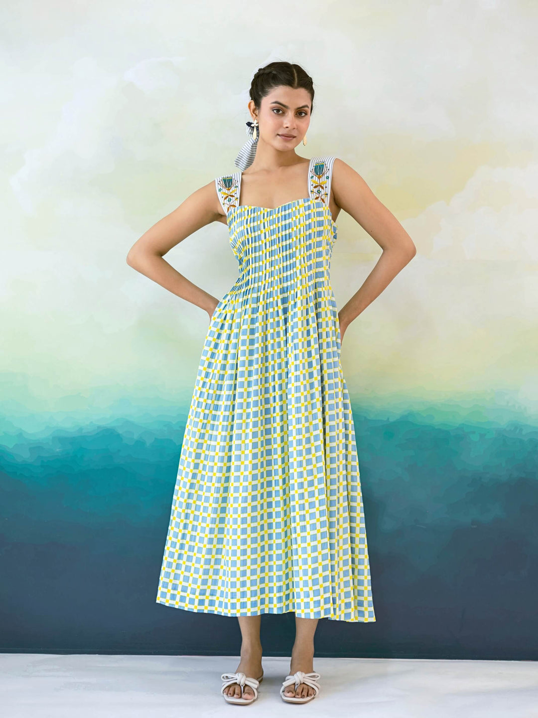 Bluebell : Cotton Midi Dress for Women in Blue & Yellow | Pintuck Bodice and Embroidered Strap Summer Dress