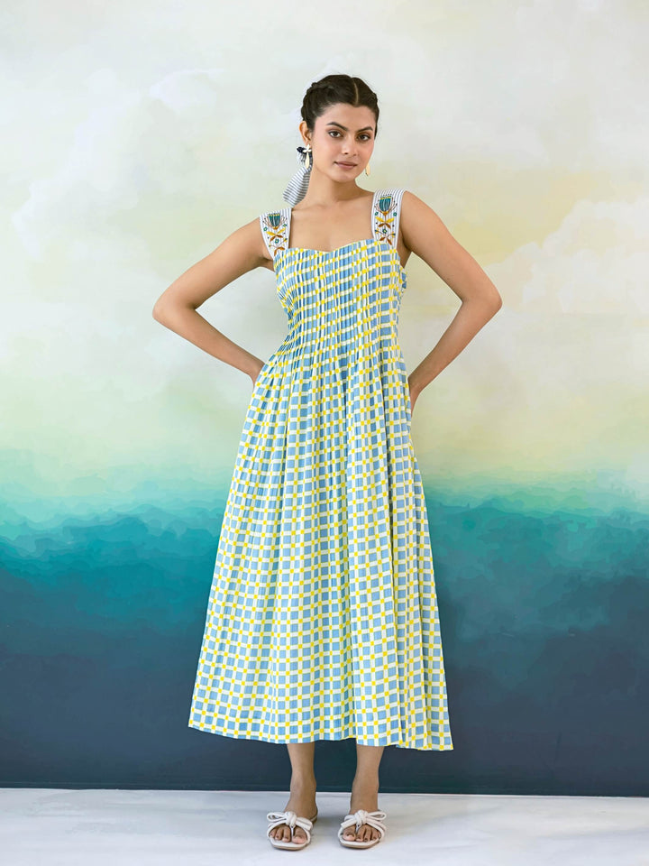 Bluebell : Cotton Midi Dress for Women in Blue & Yellow | Pintuck Bodice and Embroidered Strap Summer Dress