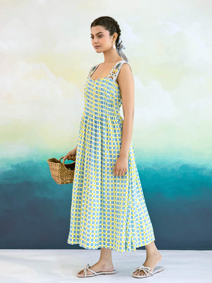 Bluebell : Cotton Midi Dress for Women in Blue & Yellow | Pintuck Bodice and Embroidered Strap Summer Dress