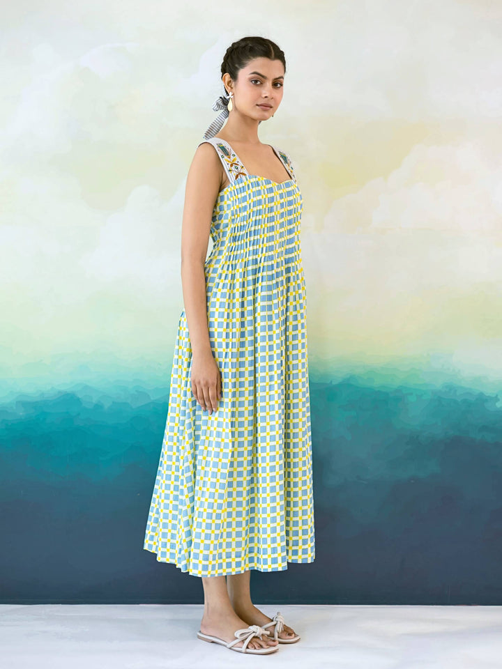 Bluebell : Cotton Midi Dress for Women in Blue & Yellow | Pintuck Bodice and Embroidered Strap Summer Dress