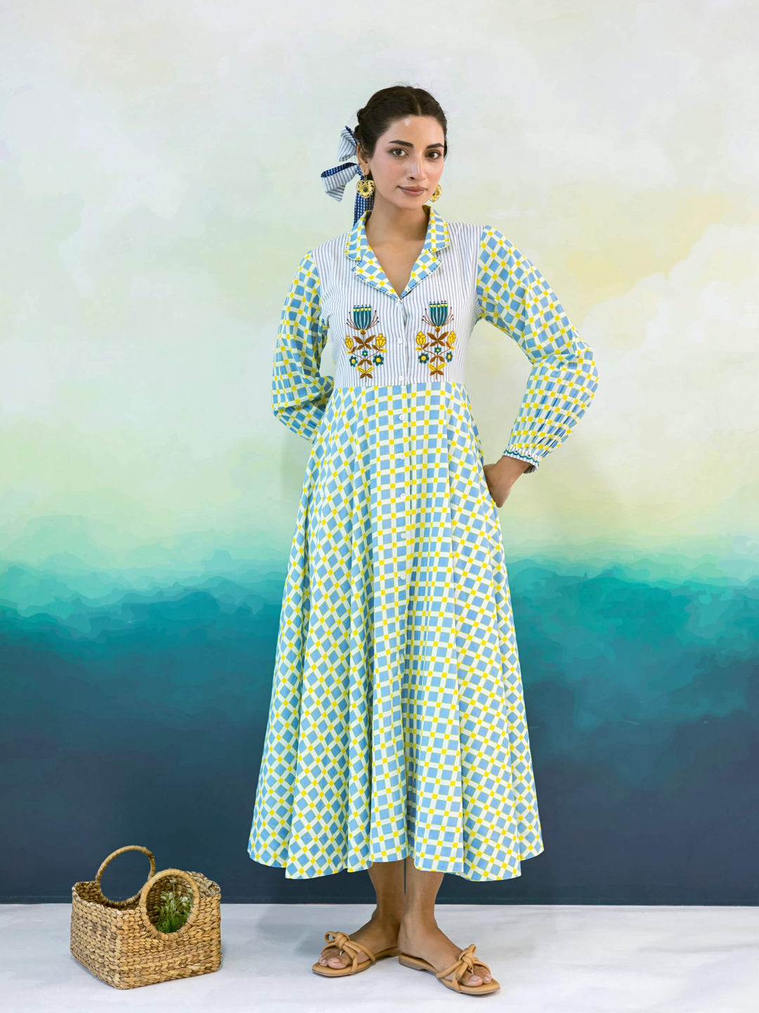 Marigold : Cotton Midi Dress for Women in Powder Blue & Yellow | Checked Shirt Dress with Embroidered Yoke
