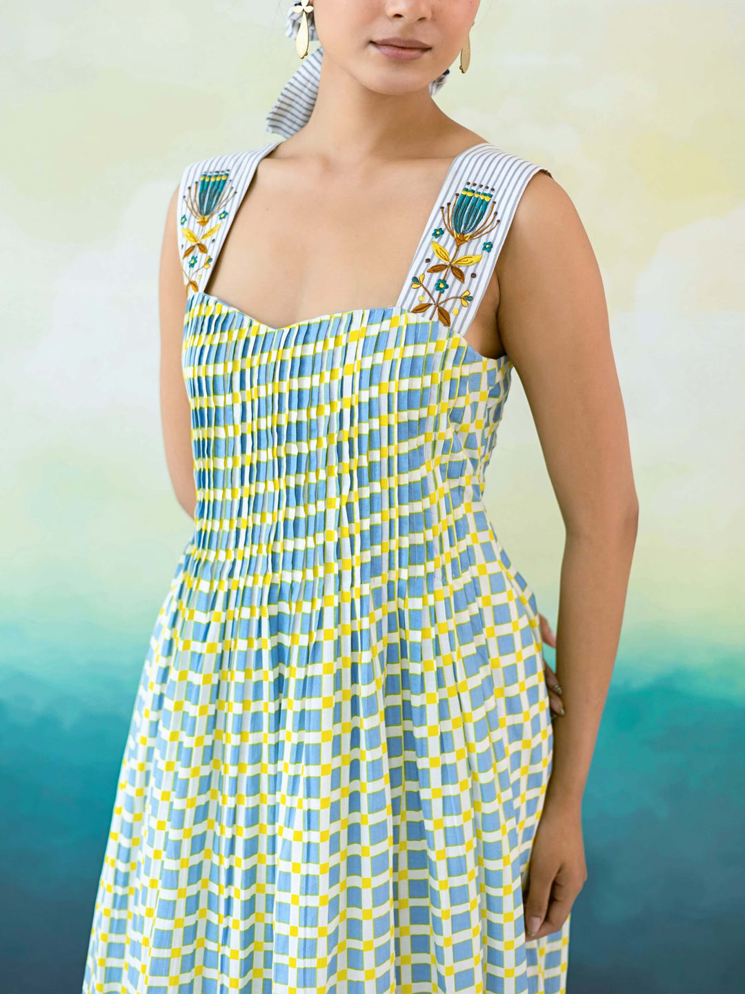 Bluebell : Cotton Midi Dress for Women in Blue & Yellow | Pintuck Bodice and Embroidered Strap Summer Dress