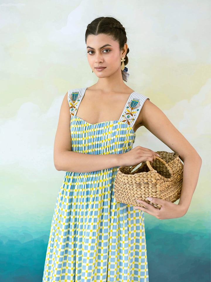 Bluebell : Cotton Midi Dress for Women in Blue & Yellow | Pintuck Bodice and Embroidered Strap Summer Dress