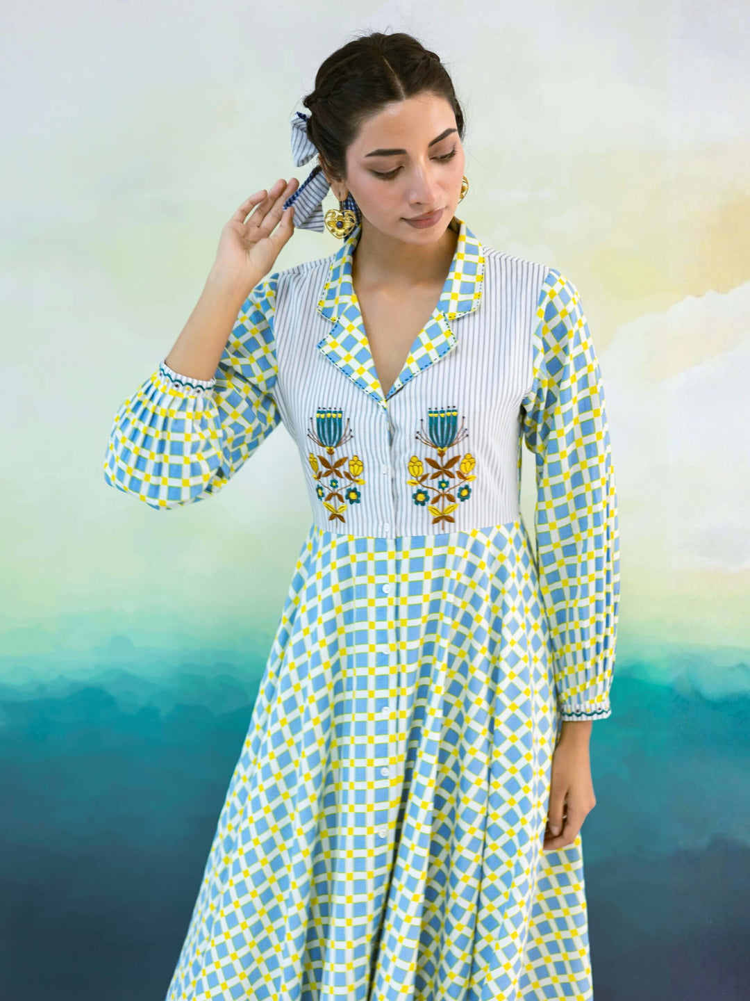 Marigold : Cotton Midi Dress for Women in Powder Blue & Yellow | Checked Shirt Dress with Embroidered Yoke