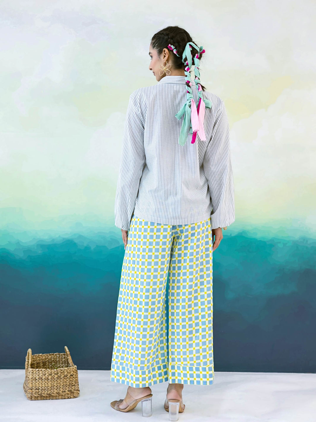 Cassia Set : Cotton Co-ord Set for Women in Grey, Blue & Yellow | Embroidered Shirt and Wide-Leg Trousers - 2 Pc Set