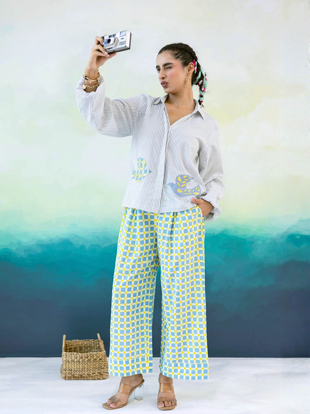 Cassia Set : Cotton Co-ord Set for Women in Grey, Blue & Yellow | Embroidered Shirt and Wide-Leg Trousers - 2 Pc Set