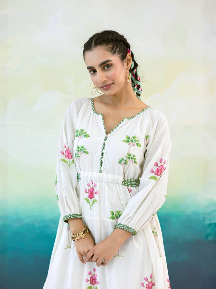 Magnolia : Cotton Maxi Dress for Women in Ivory & Pink | Floral Print Dress with Contrast Border
