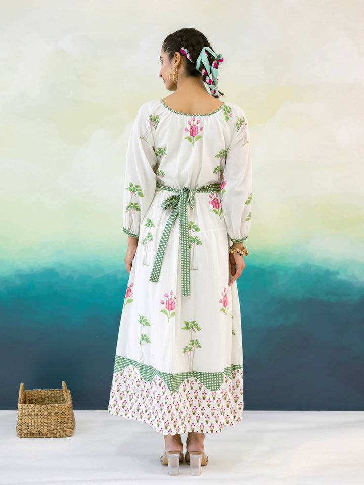 Magnolia : Cotton Maxi Dress for Women in Ivory & Pink | Floral Print Dress with Contrast Border