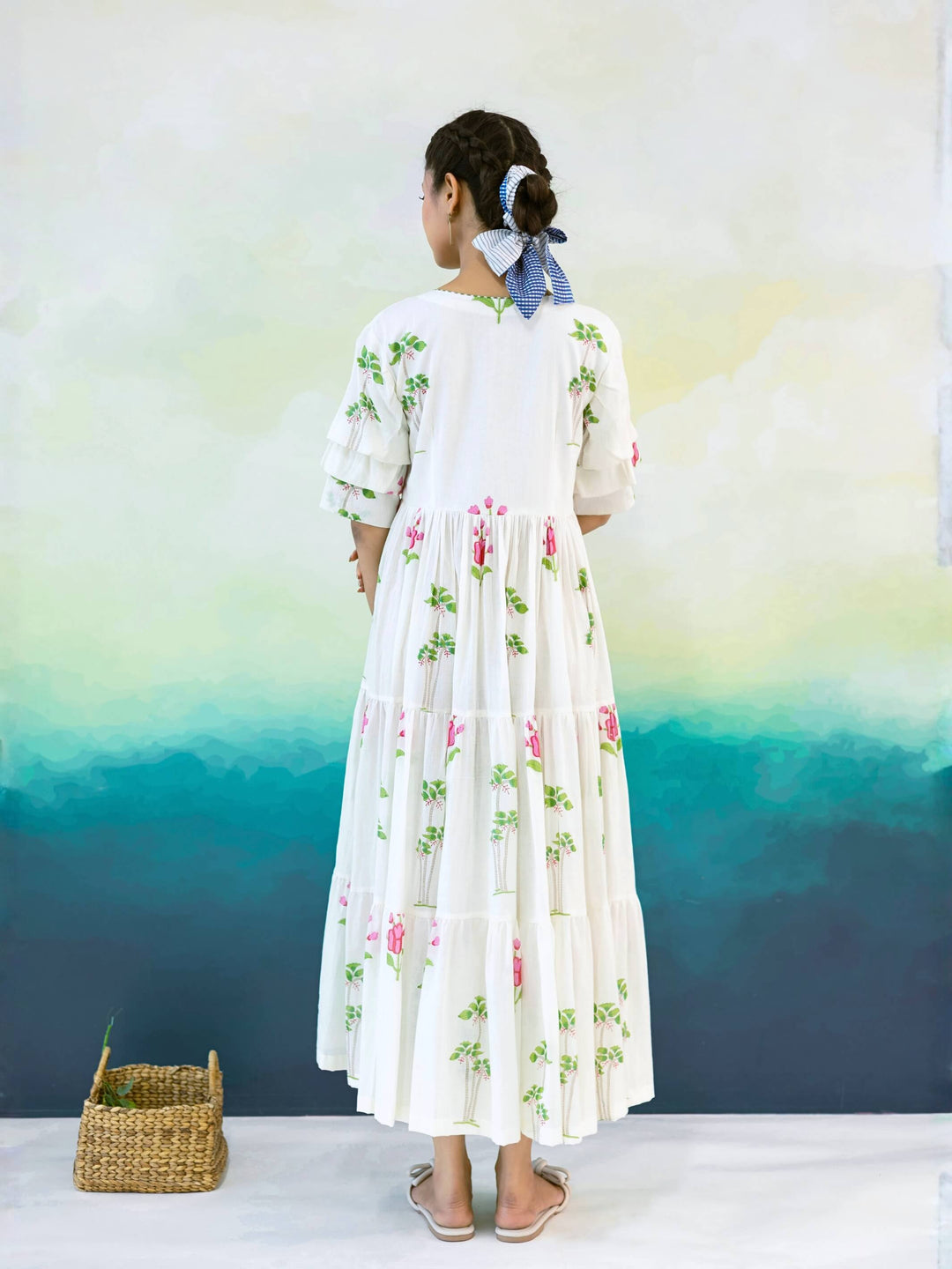 Primrose : Cotton Maxi Dress in Ivory, Pink & Green | Floral Tiered Summer Dress