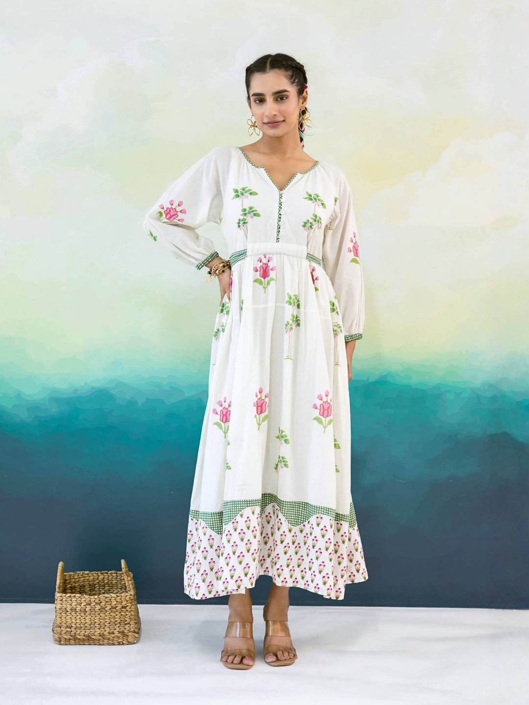 Magnolia : Cotton Maxi Dress for Women in Ivory & Pink | Floral Print Dress with Contrast Border