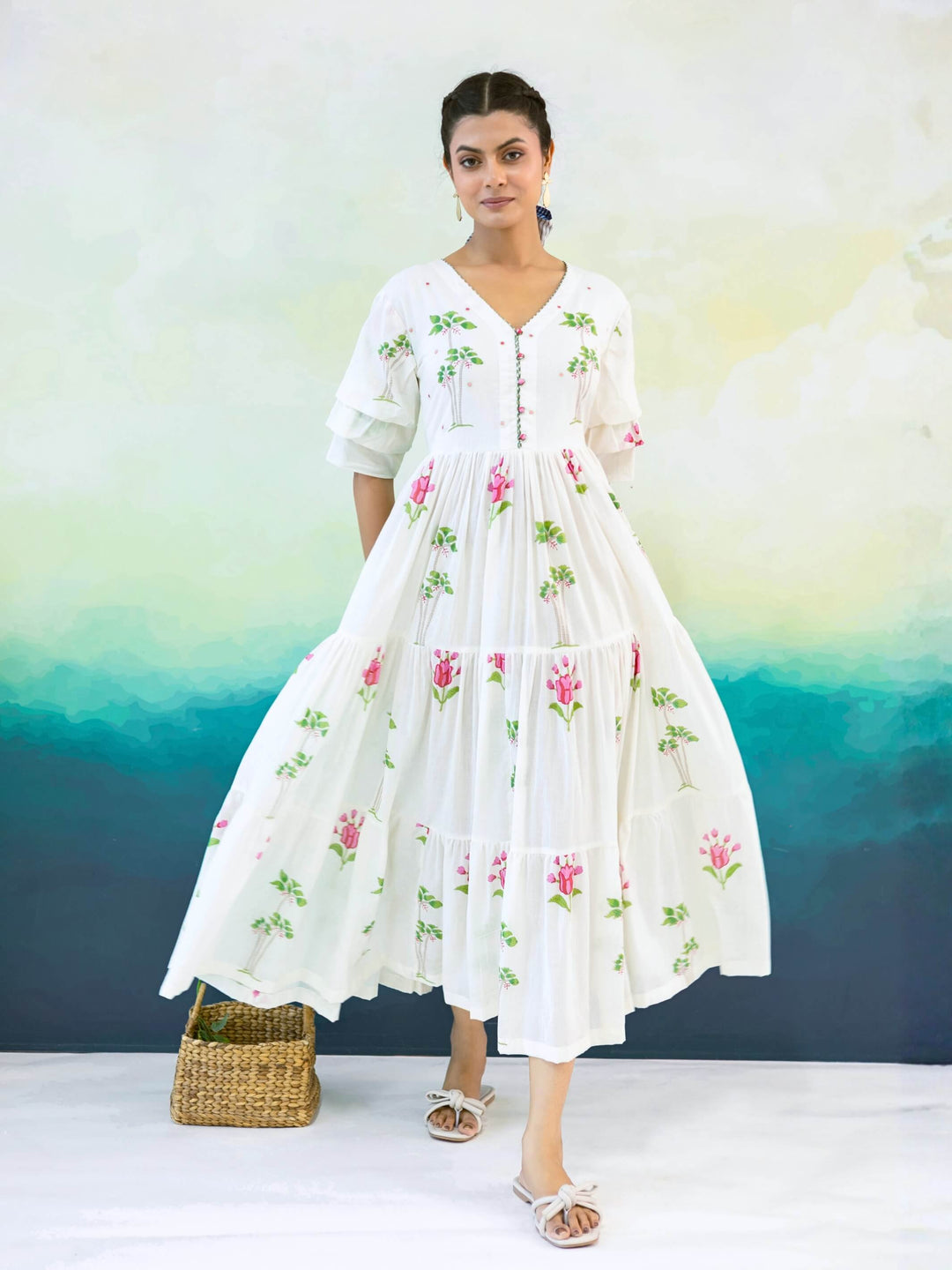 Primrose : Cotton Maxi Dress in Ivory, Pink & Green | Floral Tiered Summer Dress