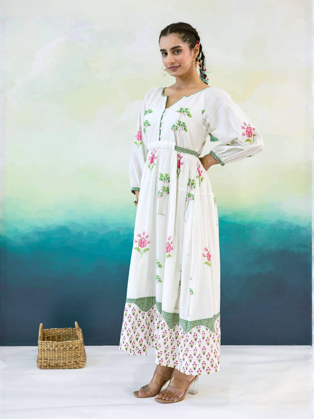Magnolia : Cotton Maxi Dress for Women in Ivory & Pink | Floral Print Dress with Contrast Border