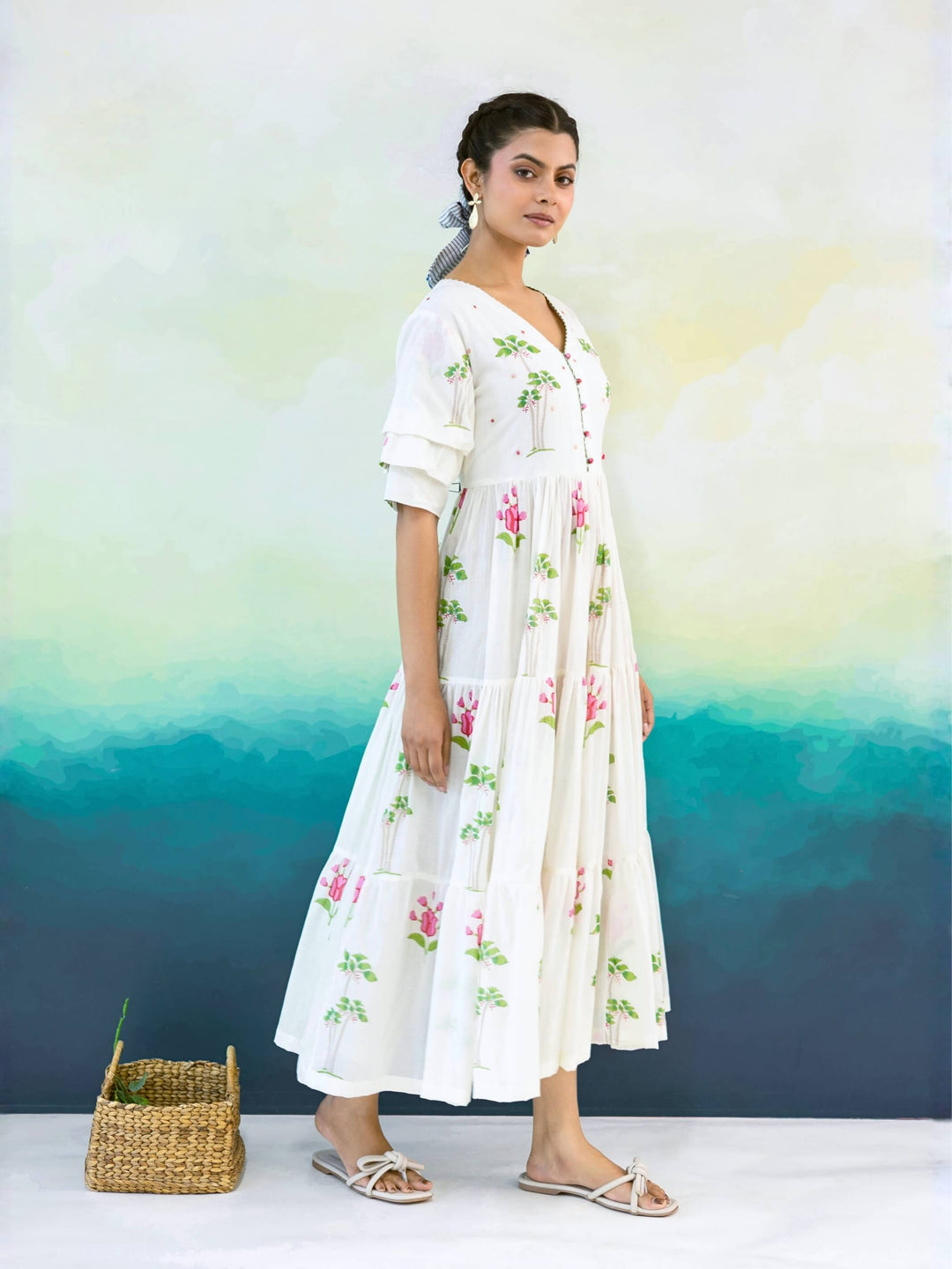 Primrose : Cotton Maxi Dress in Ivory, Pink & Green | Floral Tiered Summer Dress
