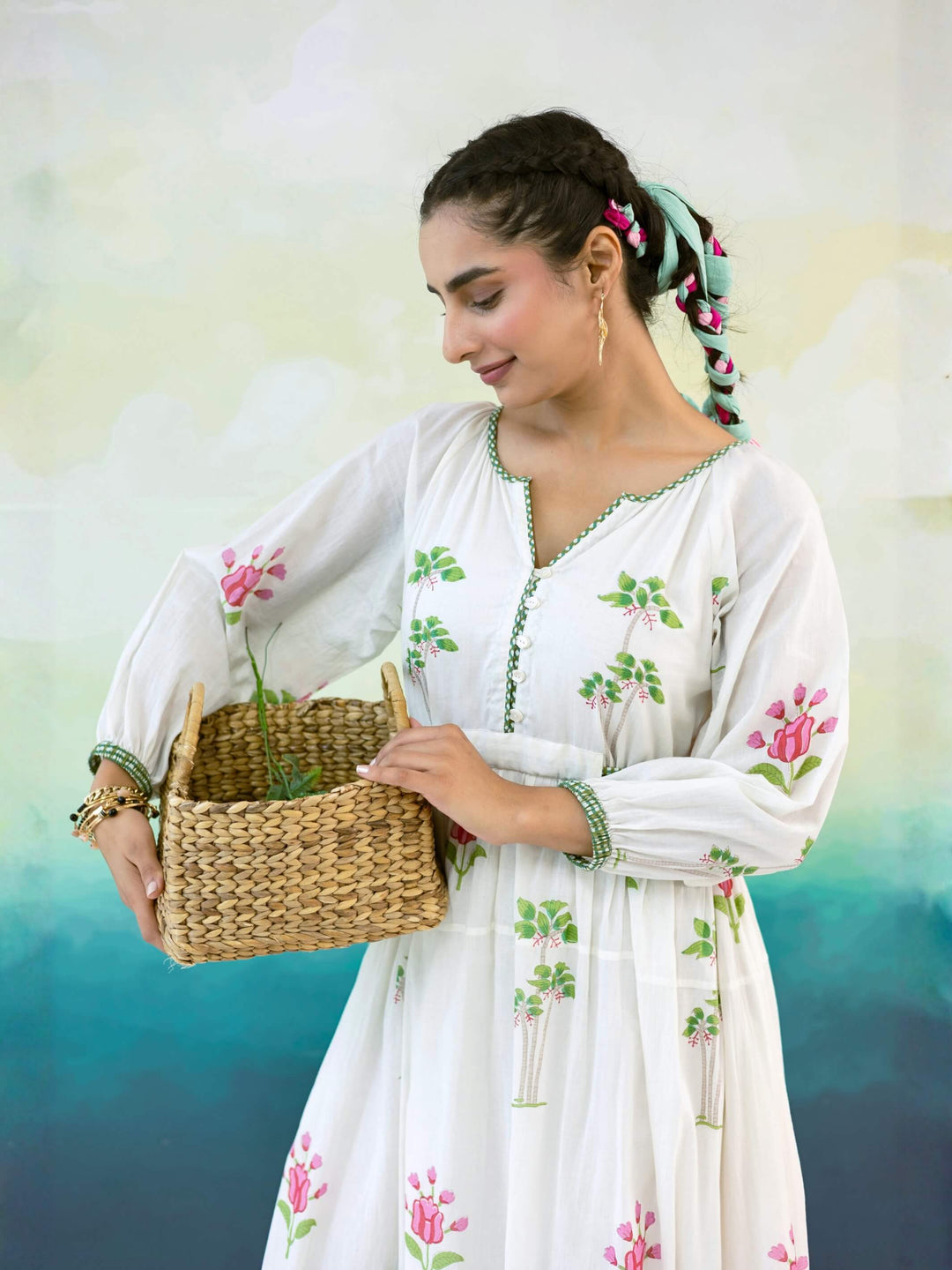 Magnolia : Cotton Maxi Dress for Women in Ivory & Pink | Floral Print Dress with Contrast Border