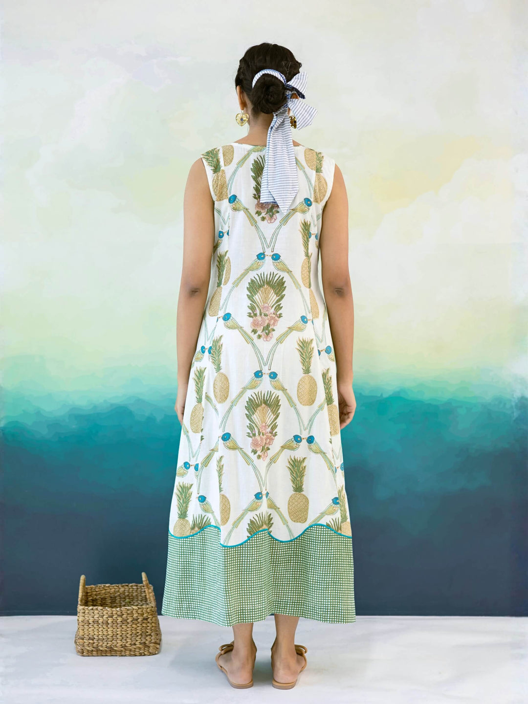 Prune : Cotton Maxi Dress for Women in Ivory & Sage | Tropical Bird Print Dress with Pintuck Detailing