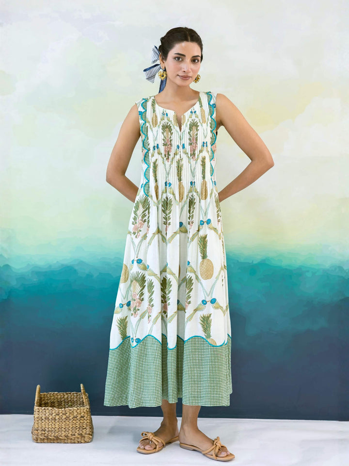 Prune : Cotton Maxi Dress for Women in Ivory & Sage | Tropical Bird Print Dress with Pintuck Detailing