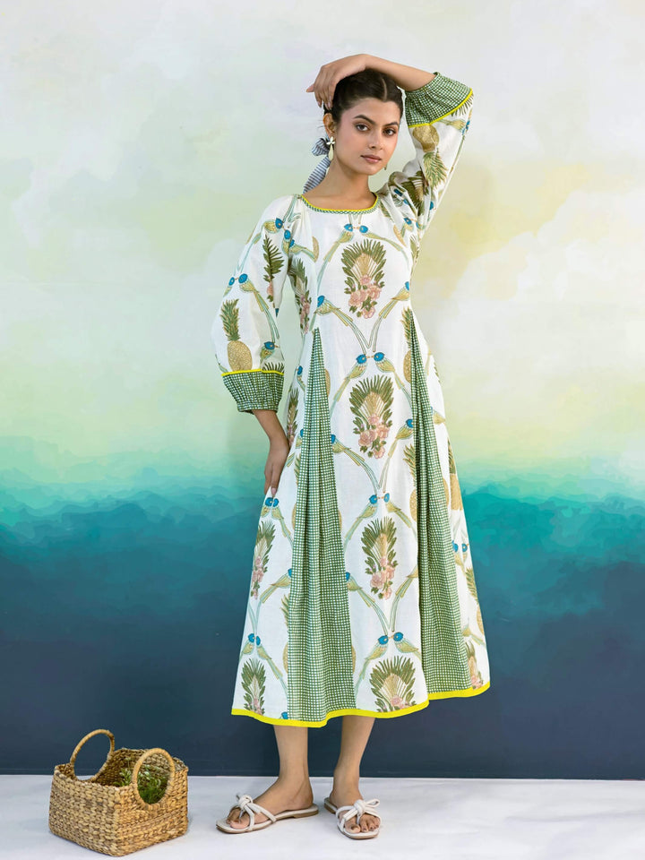 Camellia Dress: Cotton Midi Dress for Women in Ivory & Sage Green | Tropical Print Resort Dress with Contrast Panels