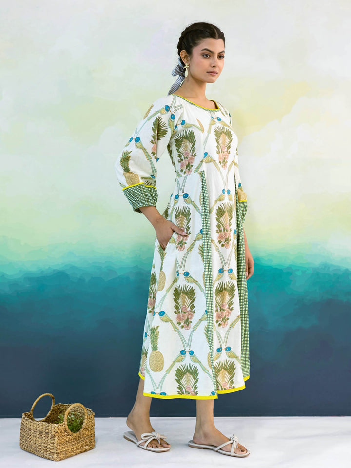 Camellia Dress: Cotton Midi Dress for Women in Ivory & Sage Green | Tropical Print Resort Dress with Contrast Panels