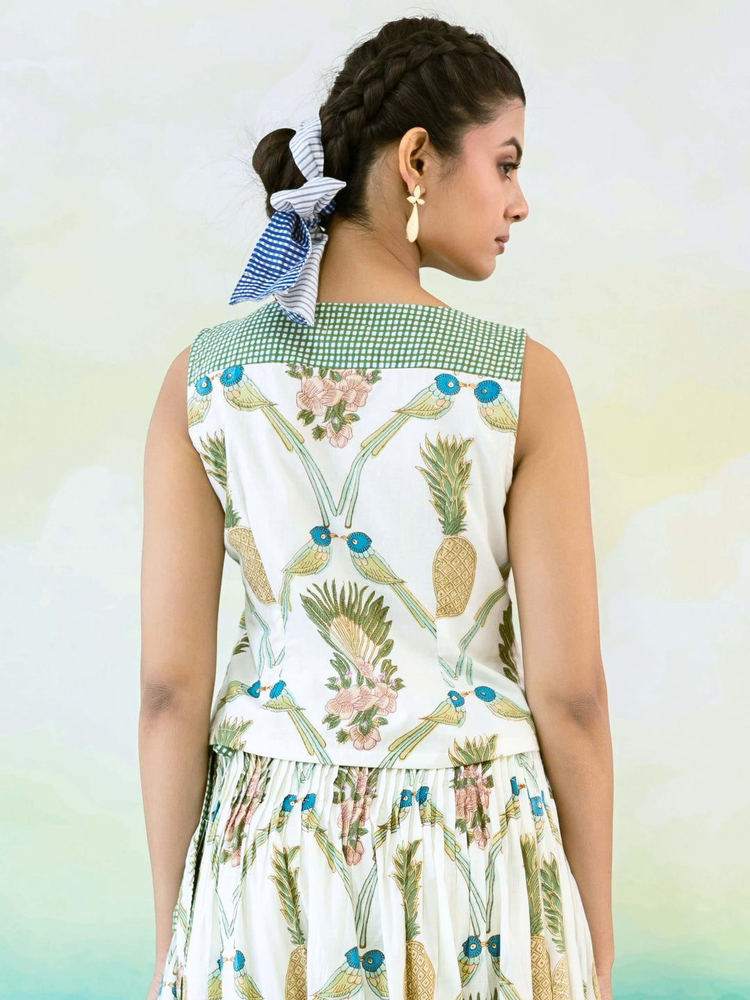 Pineapple Set : Cotton Skirt Set for Women in Ivory, Sage & Blue | Printed Tie-Front Top and Wrap Midi Skirt - 2 Pc Set
