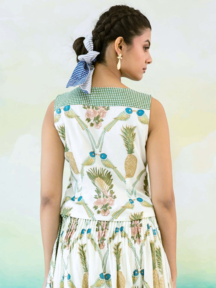 Pineapple Set : Cotton Skirt Set for Women in Ivory, Sage & Blue | Printed Tie-Front Top and Wrap Midi Skirt - 2 Pc Set