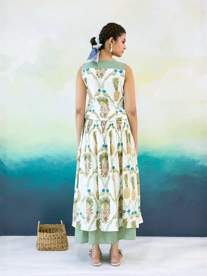 Pineapple Set : Cotton Skirt Set for Women in Ivory, Sage & Blue | Printed Tie-Front Top and Wrap Midi Skirt - 2 Pc Set