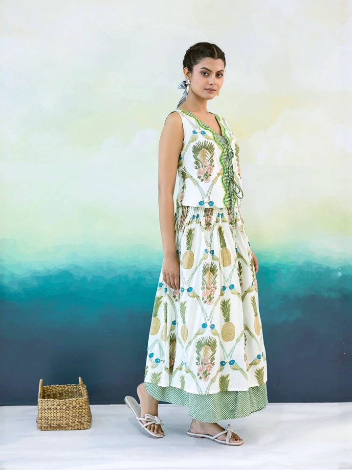 Pineapple Set : Cotton Skirt Set for Women in Ivory, Sage & Blue | Printed Tie-Front Top and Wrap Midi Skirt - 2 Pc Set