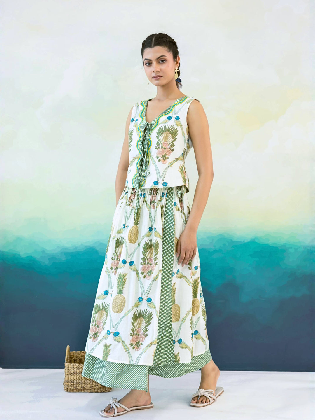 Pineapple Set : Cotton Skirt Set for Women in Ivory, Sage & Blue | Printed Tie-Front Top and Wrap Midi Skirt - 2 Pc Set